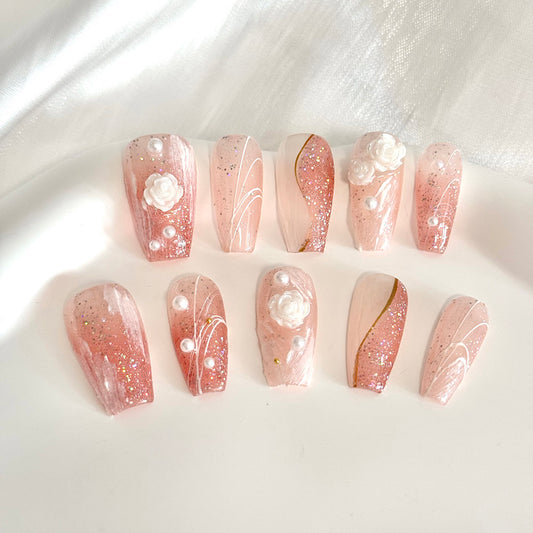 best pink press on nails design, long coffin press ons, Rose design fake nails