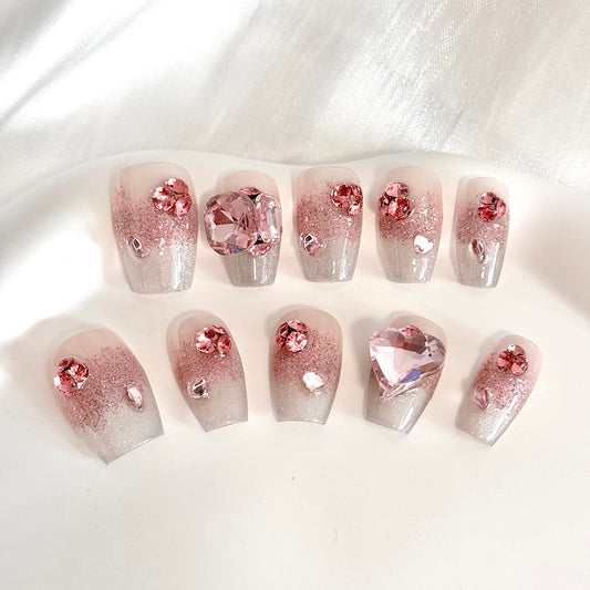 short square pink press on nails fake nails, almond press on nails