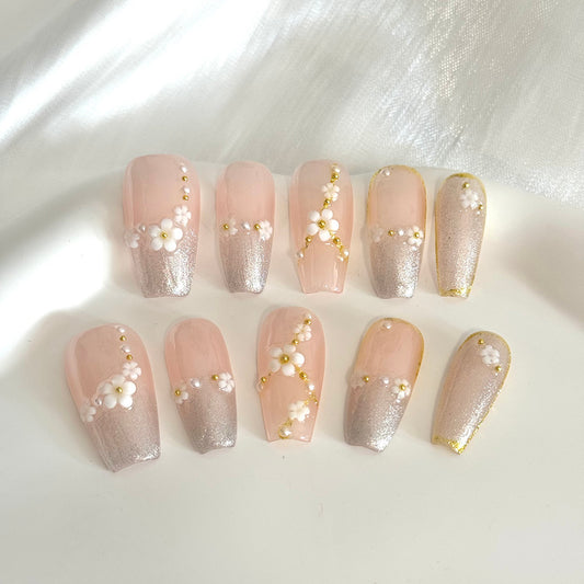 Long Coffin Pink Press On Nails, Fake Nails, Best Press Ons Design, flower nails